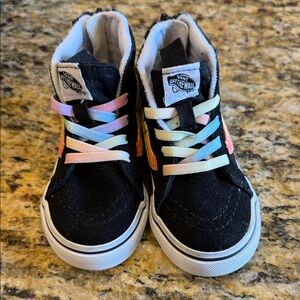 Vans Kids Black High-Top Sneakers with Pastel Rainbow Laces